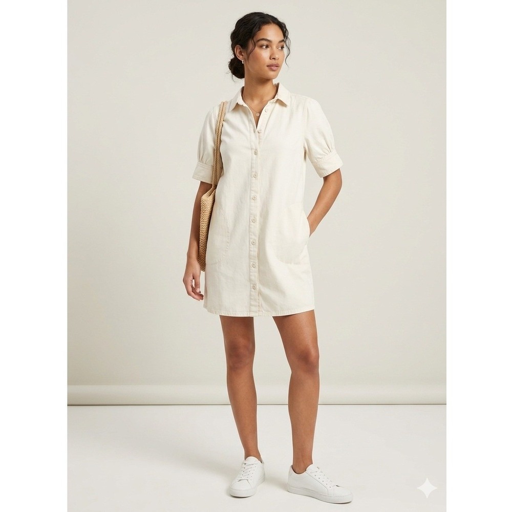 Lilla P Cream Canvas Button Down Shirt Dress Puff Sleeve Mini PA2290‎ Size L